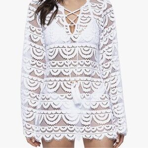 PILYQ Swim Noah Water Lily Tunic Coverups Scalloped Hem Lace Up Front Tie